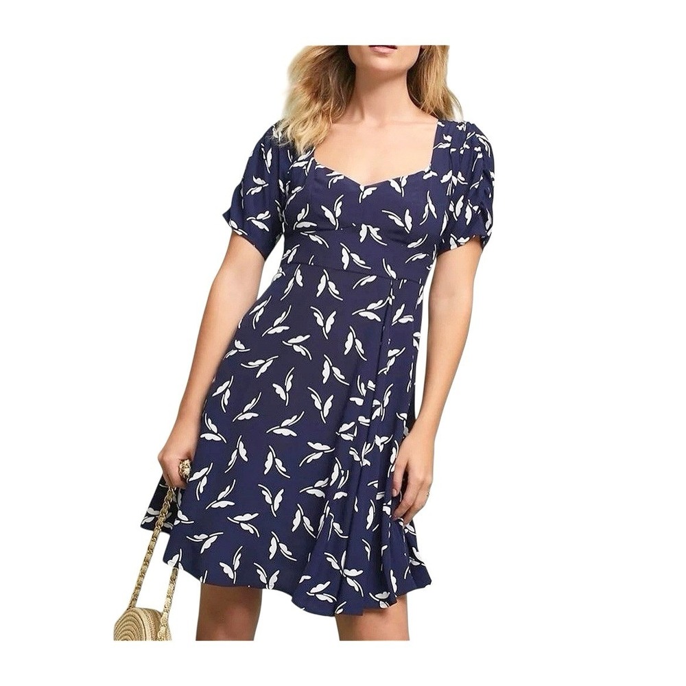 Maeve Anthropologie Navy Blue White Fern Print Sweetheart Mini Dress XS